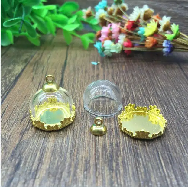 50sets/lot 15mmhalf round glass globe dome bronze silver/gold color crown base beads cap set vial pendant | Украшения и