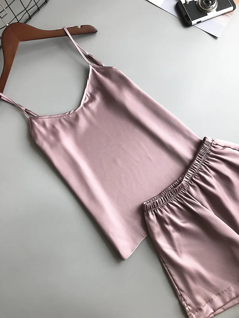 Freshing летний ледяной шелк Twinset корейская мода сплошной цвет сексуальный пижамный комплект Женский Летний жилет шорты костюм белье