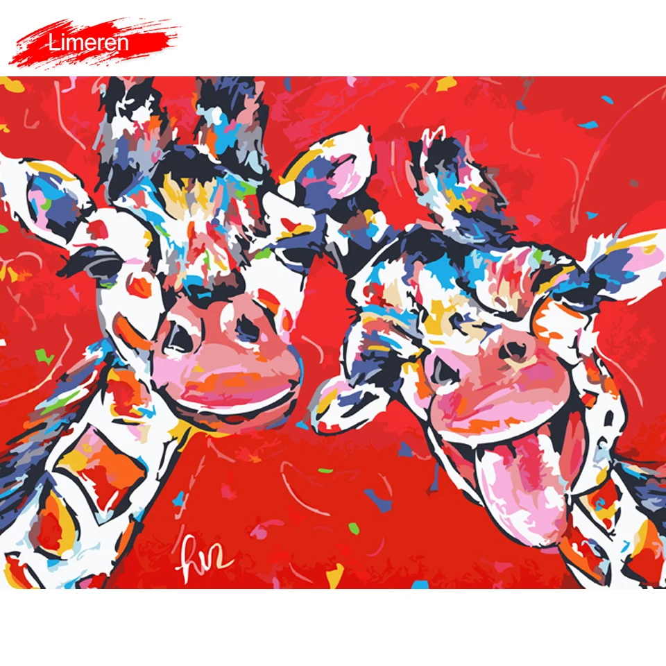 Vrolijk Schilderij Wall Art Холст Картина маслом по номерам Жираф Животные расписанные картины Домашний Декор без рамки