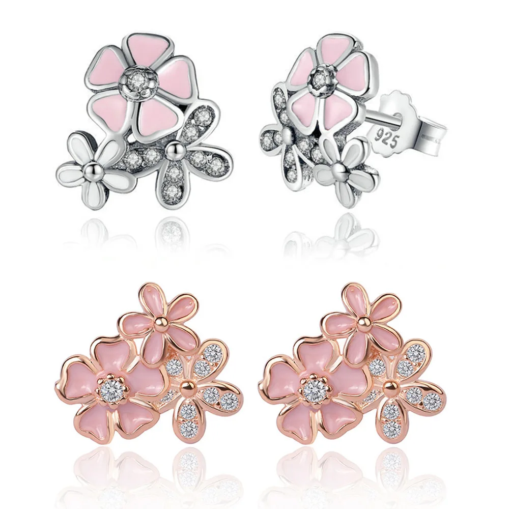 Женские серьги-гвоздики с эмалью HOMOD розовые и белые серьги фианитами в виде