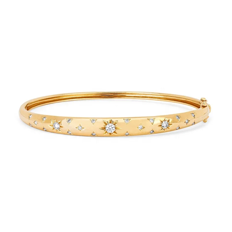 starry star starburst design signet Gold bangle bracelet for women fashion white blue CZs | Украшения и аксессуары