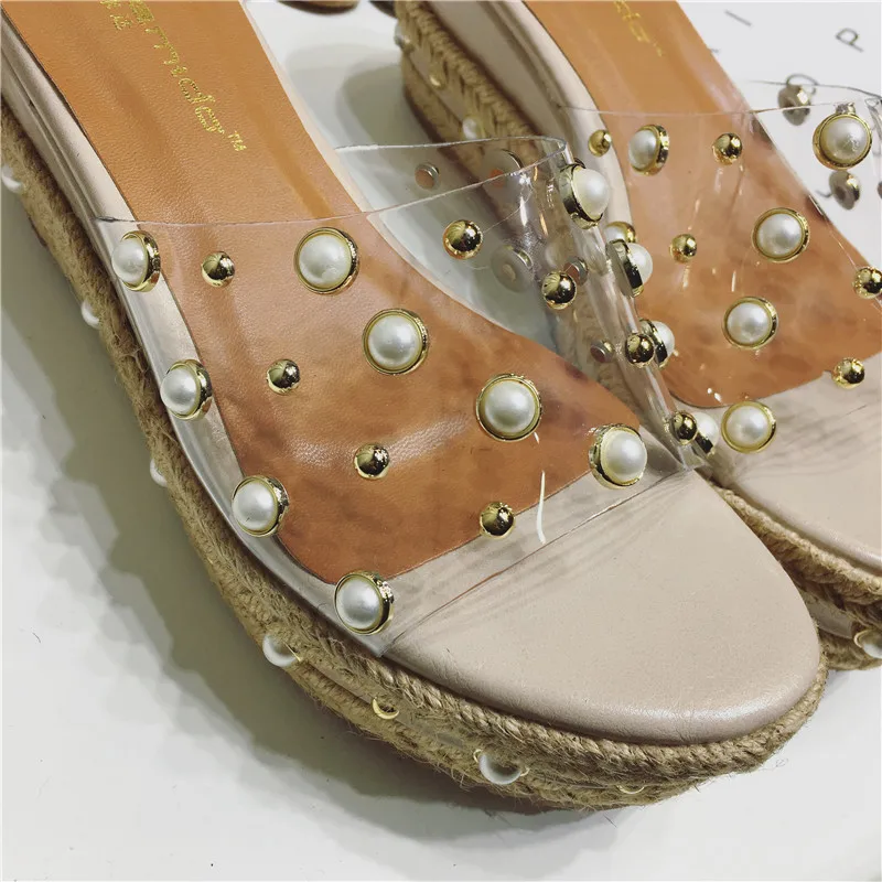 Sandales Femme; женские сандалии с жемчугом; Летние веревочки; плетеные шлепанцы на платформе; повседневные босоножки на танкетке; пляжные шлепанцы; обувь для отдыха на высоком каблуке