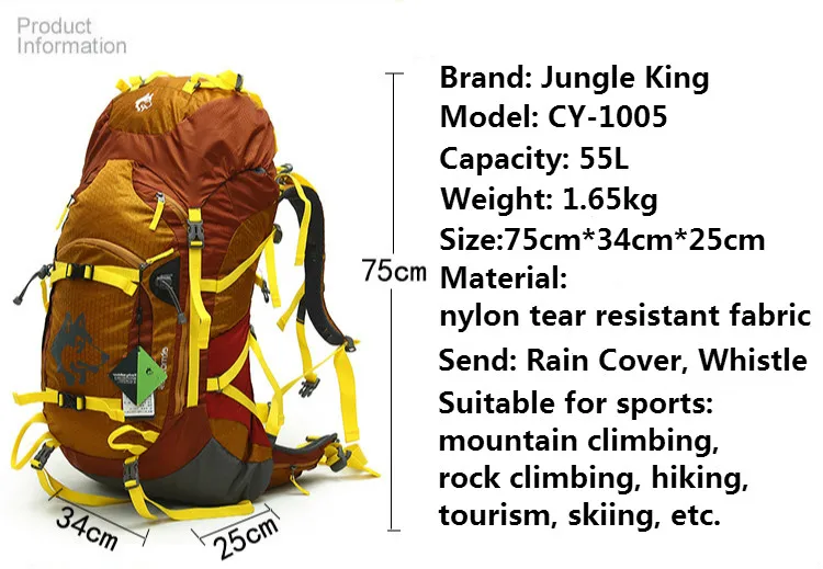 Jungle King Открытый походный рюкзак для мужчин и женщин 55 л Большой Вместительный рюкзак походный рюкзак Водонепроницаемый Спортивный Рюкзак