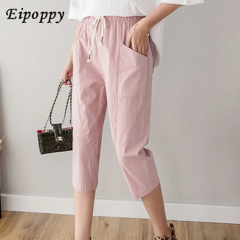 Women Clothing Cotton Linen Cropped Trousers Pants High Waist Thin Solid color Section Sports Women's Width Loose Casual | Женская