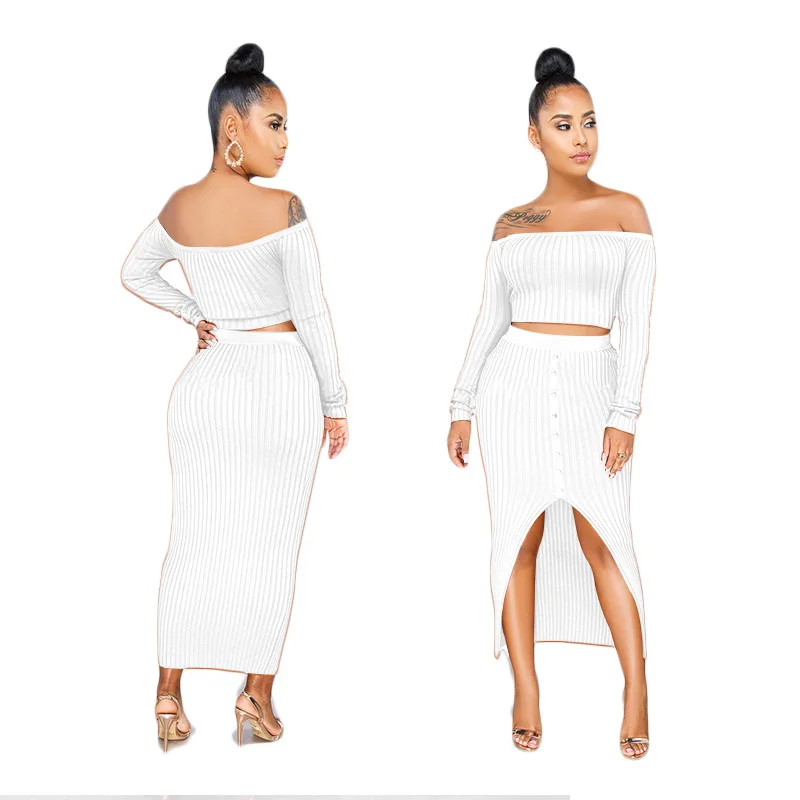 Two Piece Set Ribbed Long Sleeve Strapless Crop Top and Bodycon Skirt Dress 2 Women's Suits Outfits | Женская одежда
