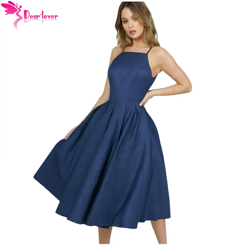 Dear Lover A Line Dress Elegant Summer Party Navy Blue Spaghetti Strap High Neck Midi Solid Color Vestidos Mujer LC610866 | Женская