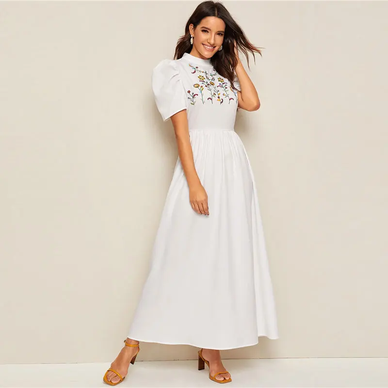 SHEIN модное платье макси с вышивкой и буфами на рукавах, женское скромное белое платье трапециевидной формы с высокой талией, женские летние длинные платья
