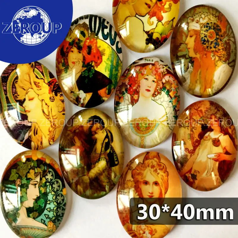 

ZEROUP 30*40mm oval glass cabochon oil painting pictures mixed pattern fit base setting for jewelry flatback 10pcs/lot TP-067