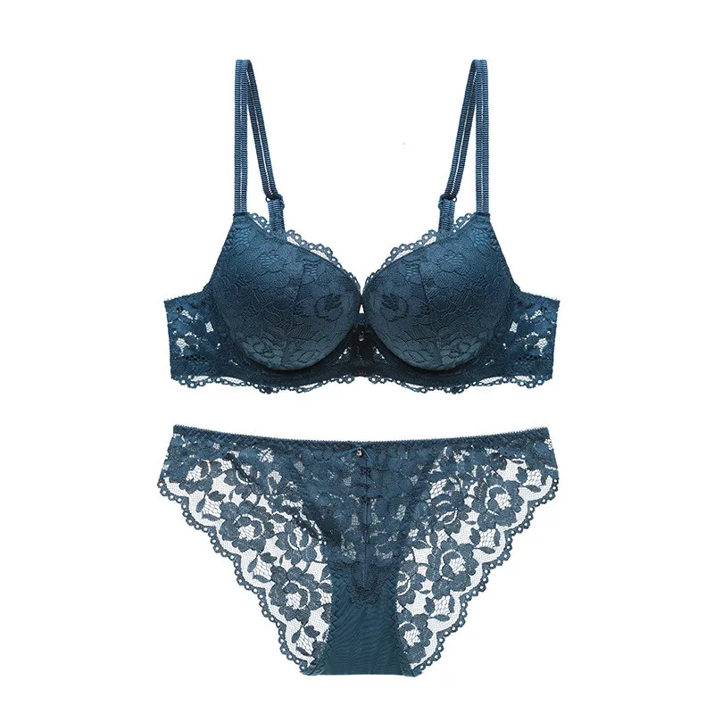 Women New Sexy Lace Bra Briefs Set Solid Flower Three Quarters Push Up Underwear and Panties Sets | Женская одежда