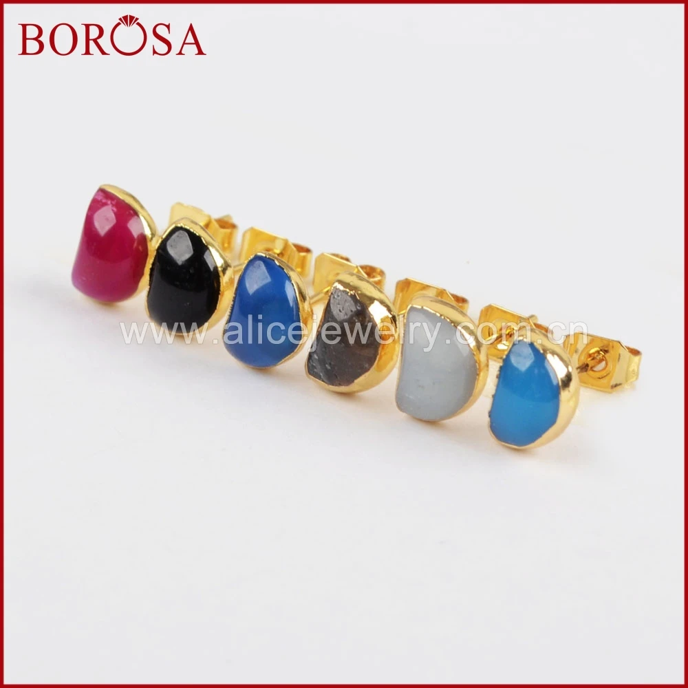 BOROSA Fashion Moon Shape Multi-kind Stone Faceted Stud Earrings 1pair Gold Color Crescent Druzy for Women G1297 | Украшения и