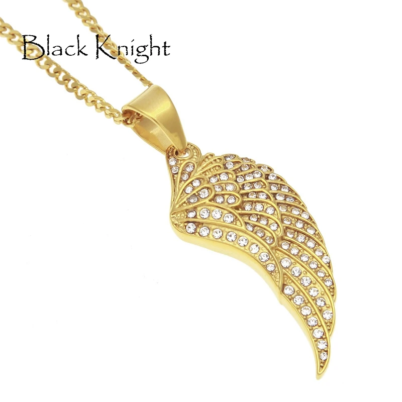 

2019 S/S Full rhinestones Angel Feather pendant necklace Gold color Stainless steel Bling Bling Angel Feather necklace BKGM0075