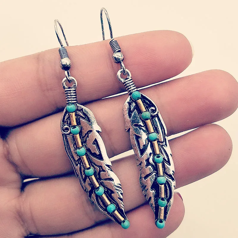 Винтаж Pendientes перо металла серьги Boho индийский голубых бусин в форме листьев Для