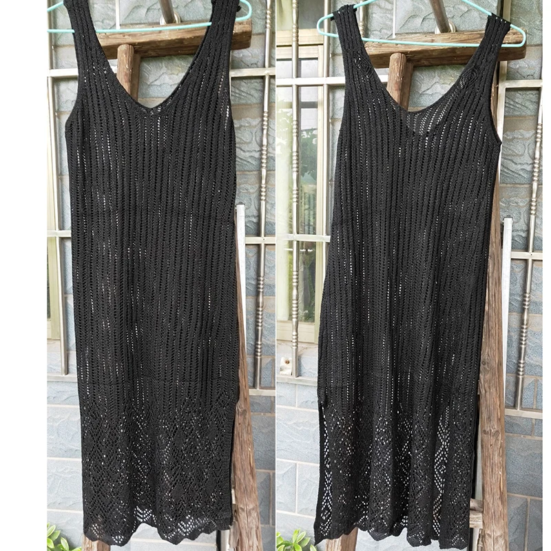 Черное вязаное пляжное летнее платье накидка на купальный костюм Vestidos Плайя 2019