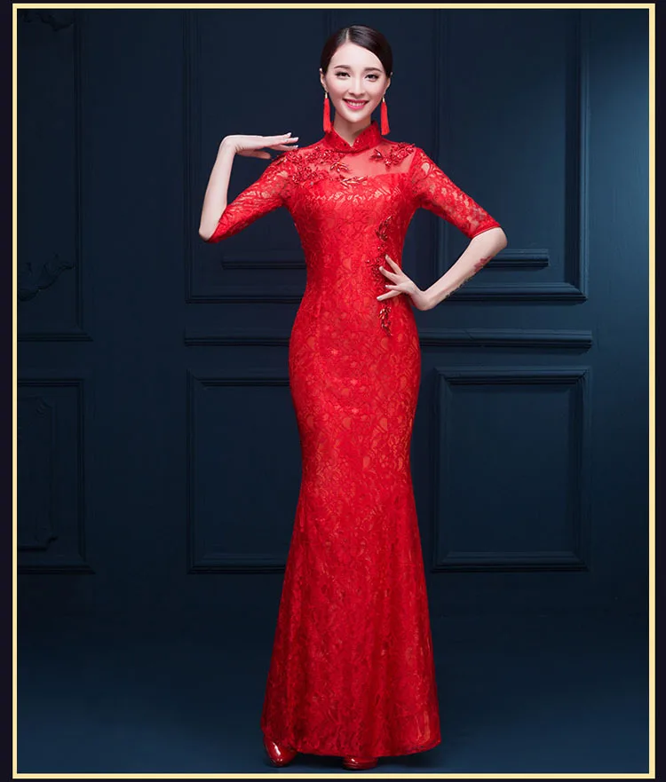 Кружевное красное китайское свадебное платье со шлейфом женские тонкие