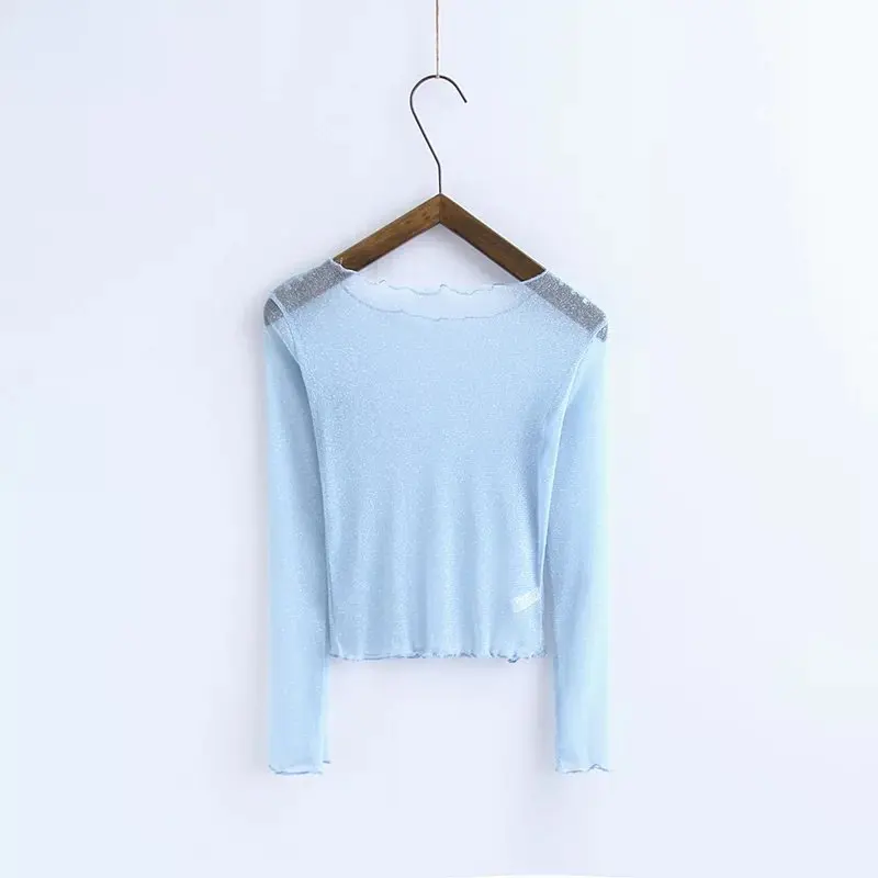 Moda jihan новые женские футболки перспективная сетка Блестящий кроп топы с гофрированной отделкой 3/4 рукав топы футболки Рене блеск Топы И Футболки