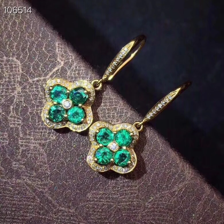 

Fashion Lovely Clover S925 silver natural green emerald gem drop earrings natural gemstone women birthday party gift jewelry