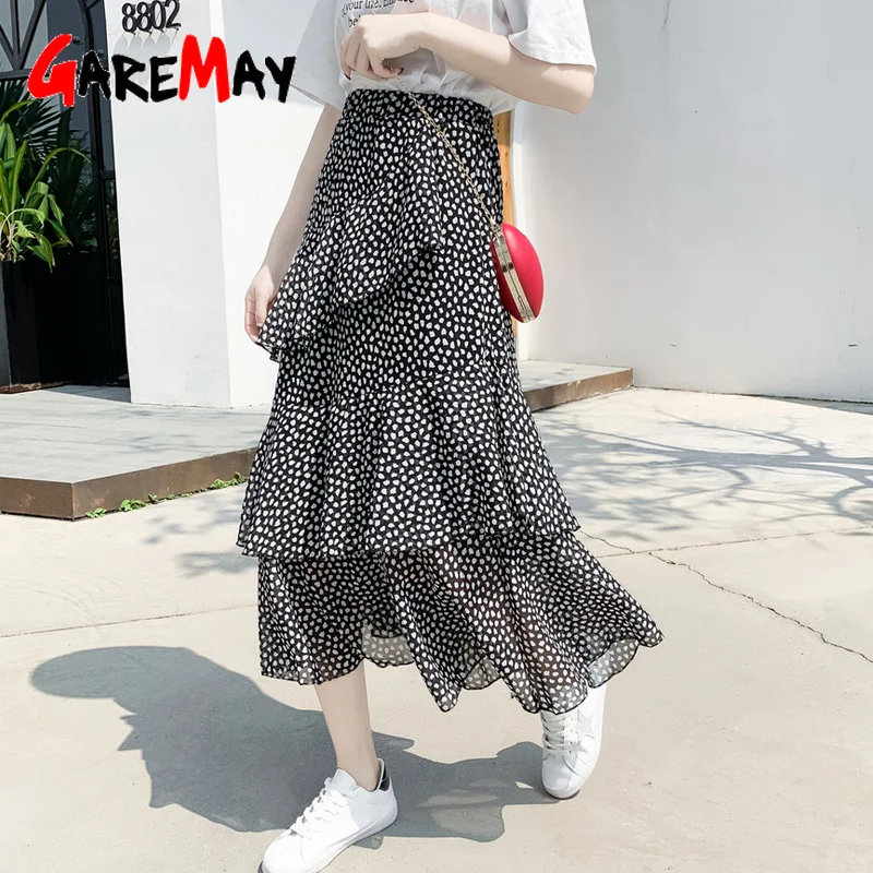 Женская летняя юбка миди в горошек шифоновая с оборками плиссированная бантом и