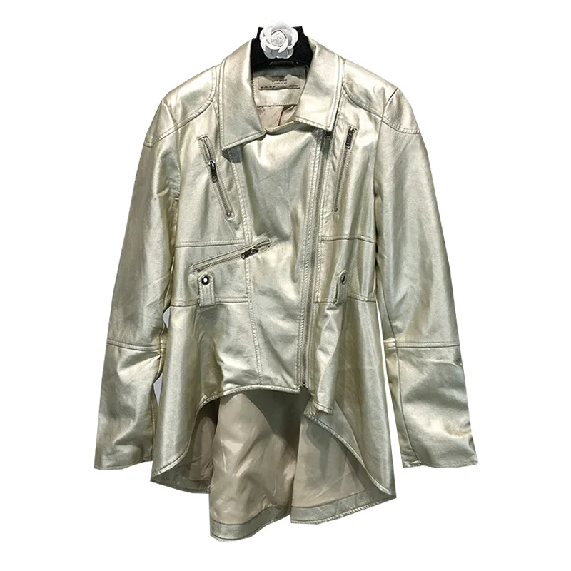 

2019 Time-limited Full New Retro Foreign Metal Color Lapel Sleeve Irregular Bright Leather Clothing Personality Pu Jacket Tide