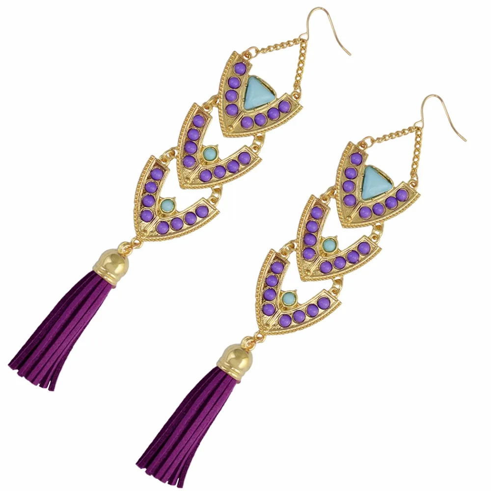 

3 Colors Exaggerated Gold Fashion Drop Earring Inlay Resin Beads Leather Tassel Long Earrings For Women Jewelry Fashion