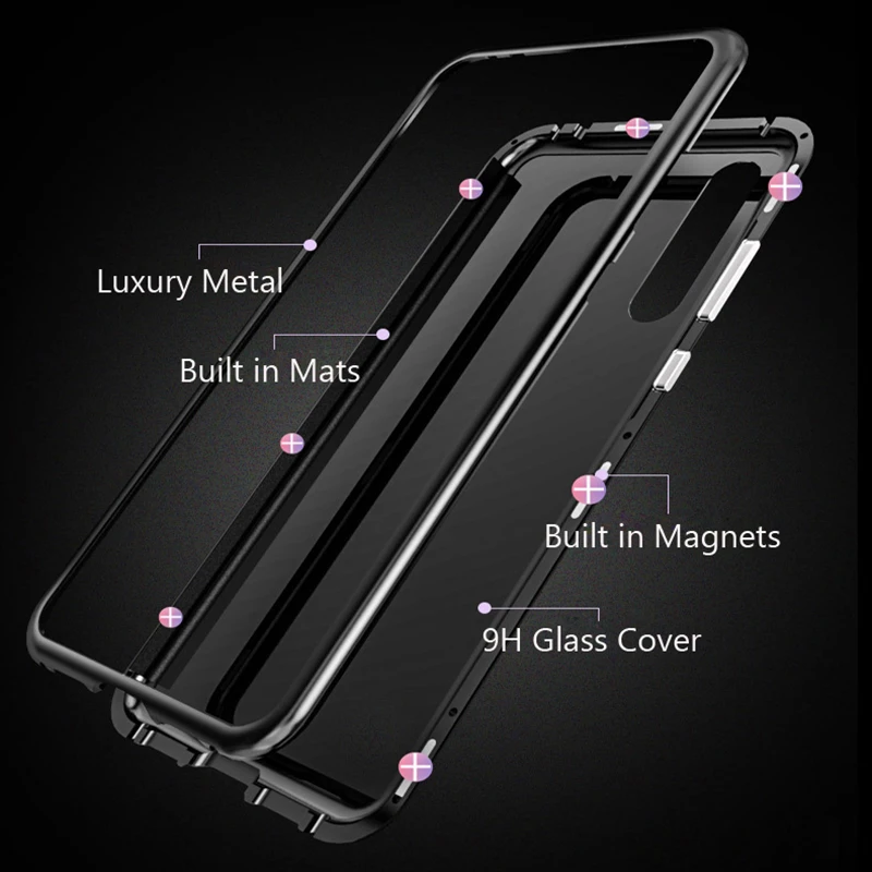 Магнитный металлический чехол для Huawei P20 Pro Mate 10 Honor Lite закаленное прозрачное