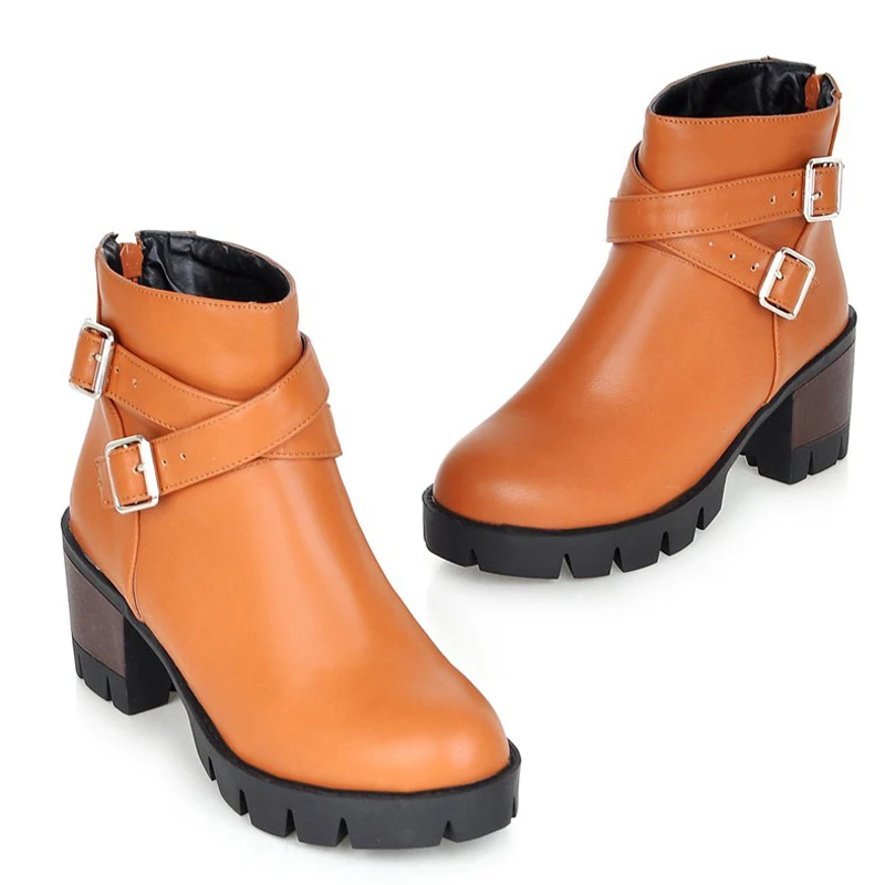Мода PU Zip Черный Лодыжки Кожаные Сапоги Женщин Пряжки Острым Носом Зрелые Квадрат