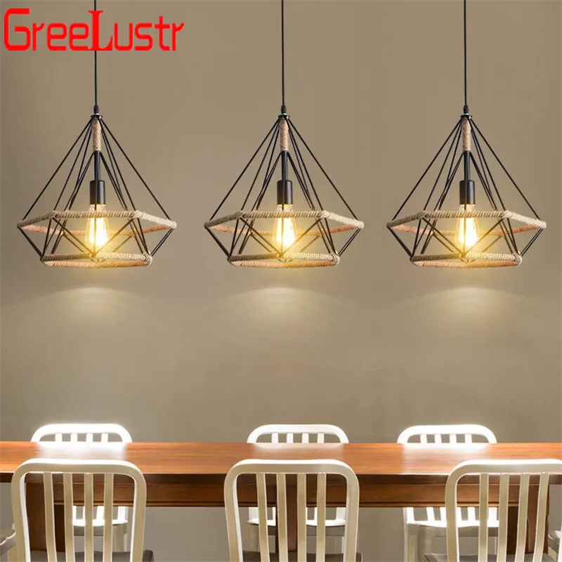 Винтажный Железный корпус подвесные светильники Ретро пеньковая веревка черный