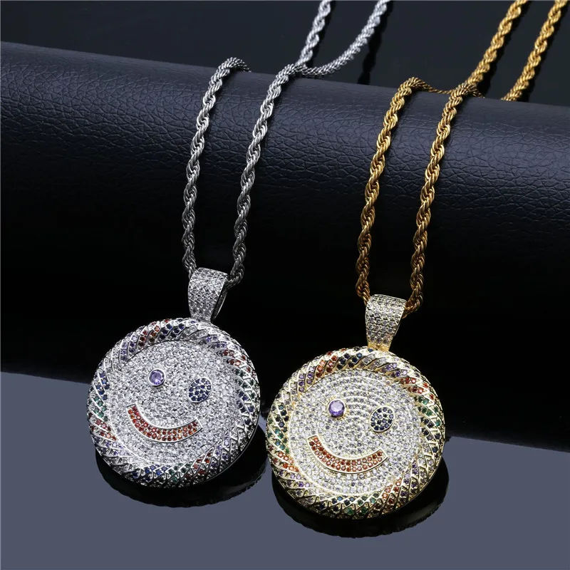 

Lucky Sonny Smiling Face Pendant Necklace Colored CZ Iced Pave Pendants&Necklaces Women Men Hip Hop Bling Accessory Free Postage
