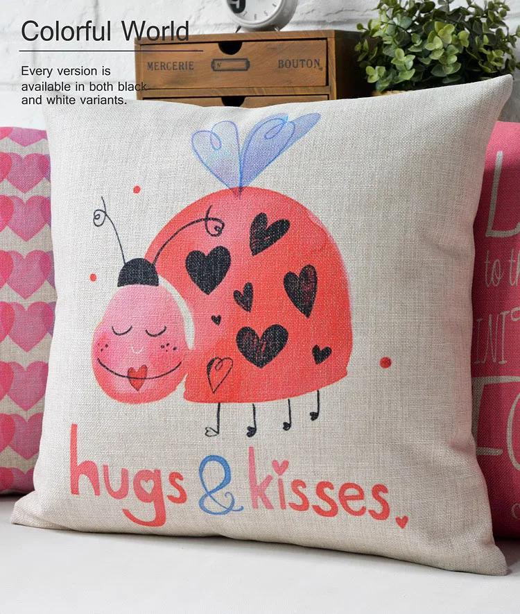 Розовый Божья коровка поцелуи подушки изо льна и хлопка на День Святого