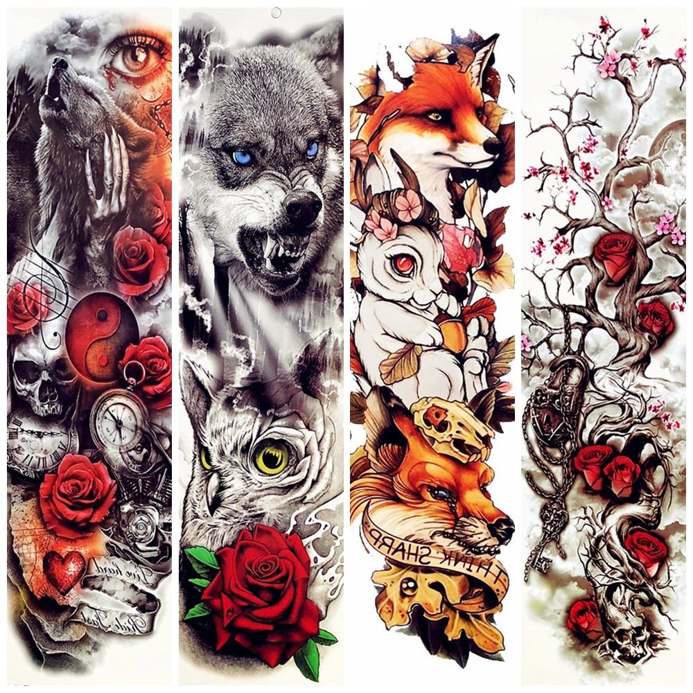 

48x17CM Full Arm Tattoo Sleeve Animals Temporary Tatto For Women Girl Men Body Art Fake Water Transfer Fox Tattoo Stickers Wolf