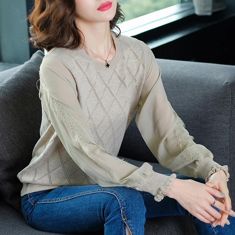 Brand Knit Sweater 2019 Spring Fall Women New Pure Color Panel Lace Lantern Sleeve Casual O-neck Pullover Female | Женская одежда