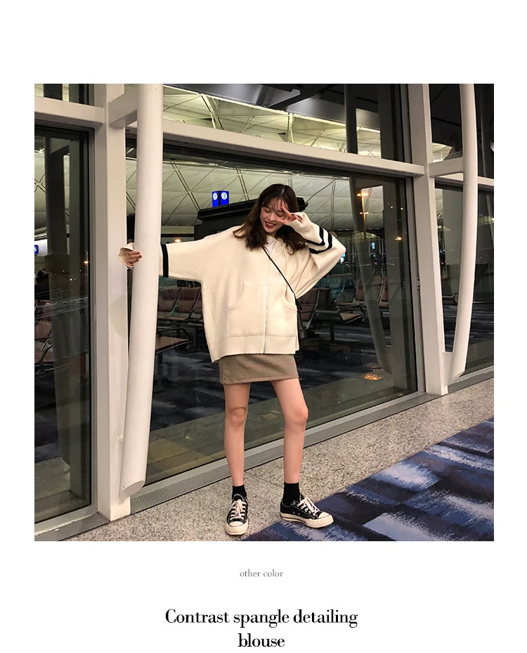 Woherb Harajuku Knitted Cardigan Women Korean Style Modis Striped Print Hooded Sweater Coat Girls Casual Runway Sweaters