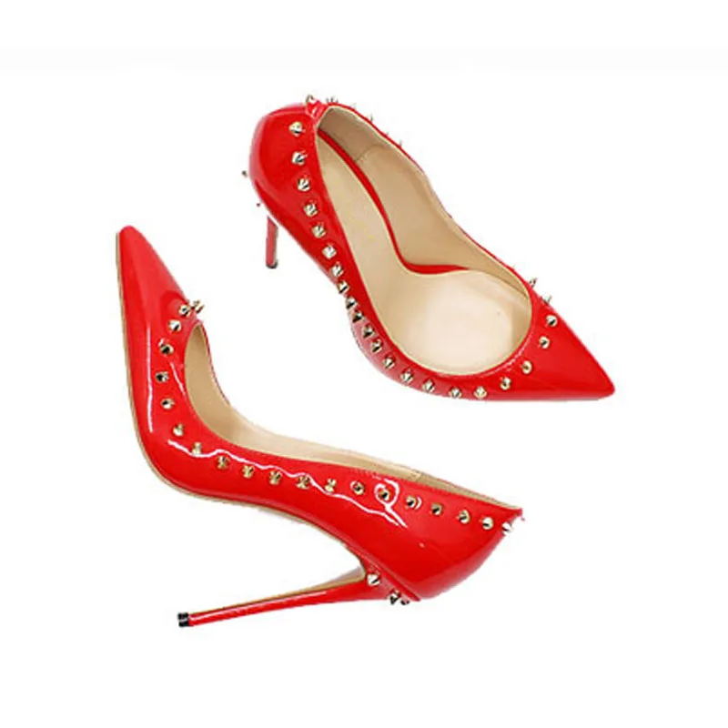 Женские туфли с заклепками черные красные на тонком высоком каблуке 12 см|high heels