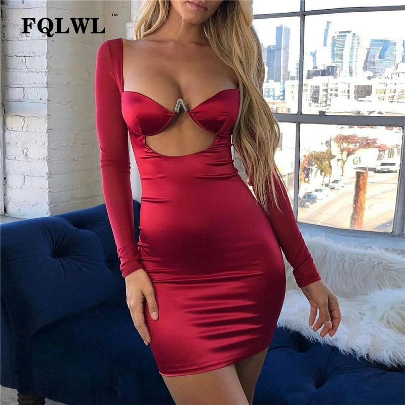 Женское атласное платье с длинным рукавом FQLWL черное красное Клубное вечерние