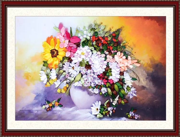 Needlework DIY Ribbon Cross stitch Sets for Embroidery kit white vase flowers bands embroidery wall wedding gift decoration | Дом и сад