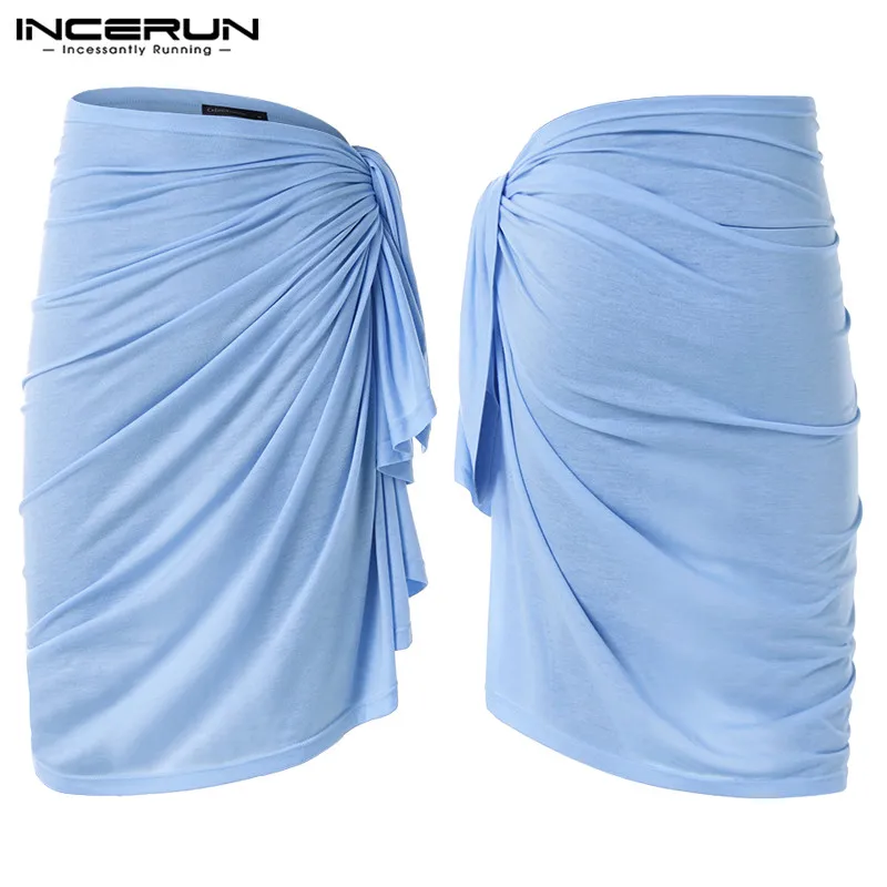 Sky Blue Модное банное полотенце INCERUN, мужские халаты, юбки, одноцветные свободные пижамы,, одеяло для отдыха, пляжное полотенце, юбки, Мужская домашняя одежда, S-5XL - Цвет: Sky Blue
