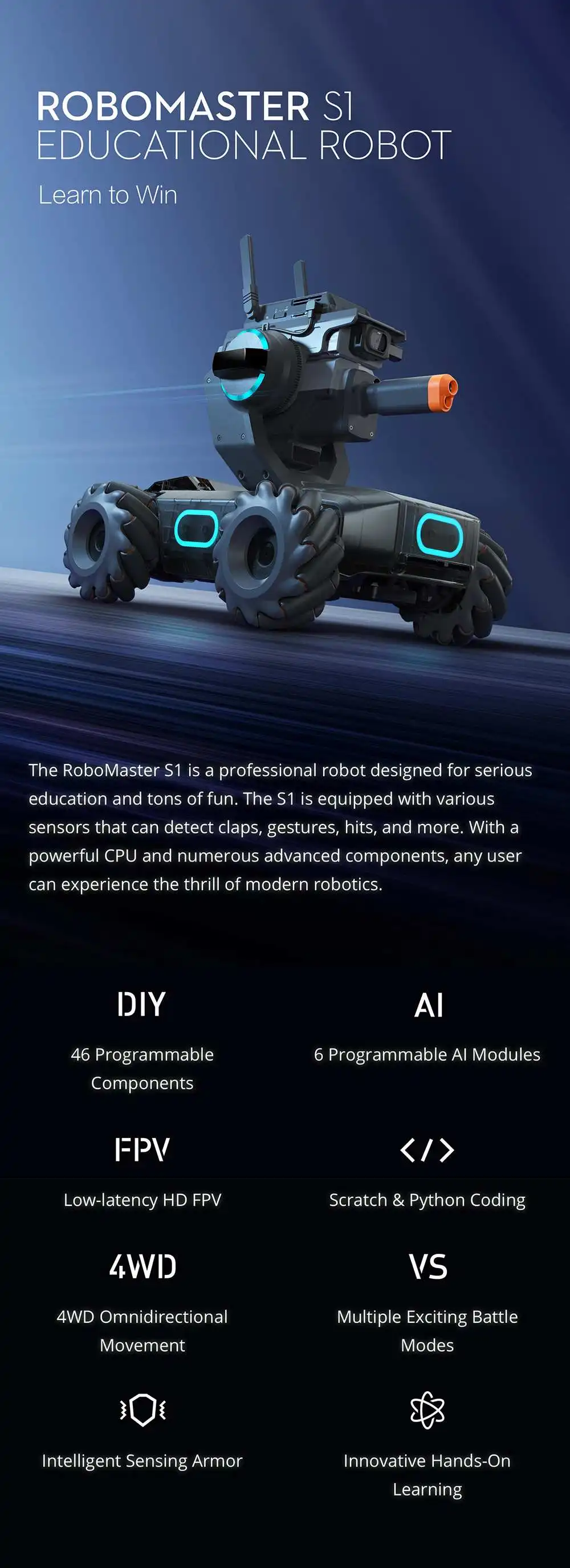 DJI Robomaster S1 паровой DIY 4WD бесщеточный HD FPV APP RC Интеллектуальный робот с AI модулями Scratch 3,0 Py& тон программа