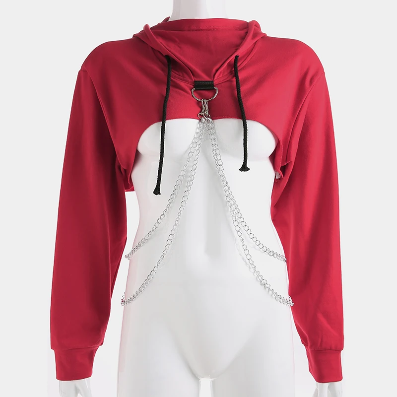 

Sexy Charming Cropped Chain Patchwork Hoodies Women Fashion Nice Streetwear Hooded Long Sleeve Sweatshirt Loose Knitted Pullover