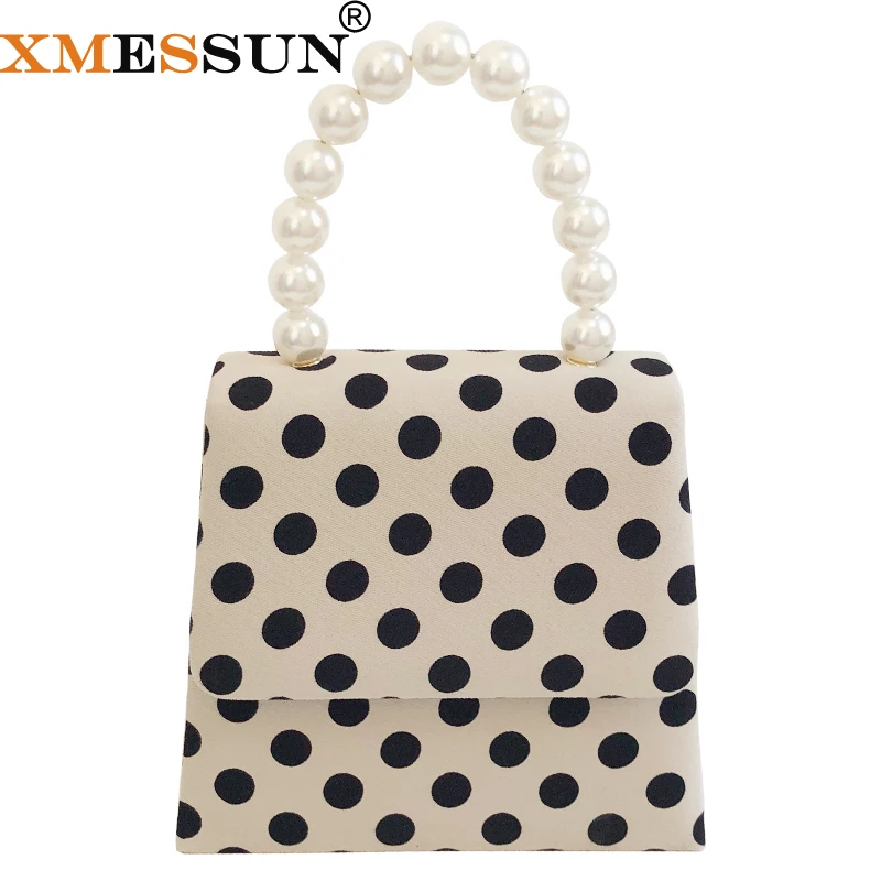 

XMESSUN женская сумка с жемчужными ручками, винтажная Сумка-тоут в горошек с откидной крышкой, черный и белый цвета, Осень-зима 2021, E147