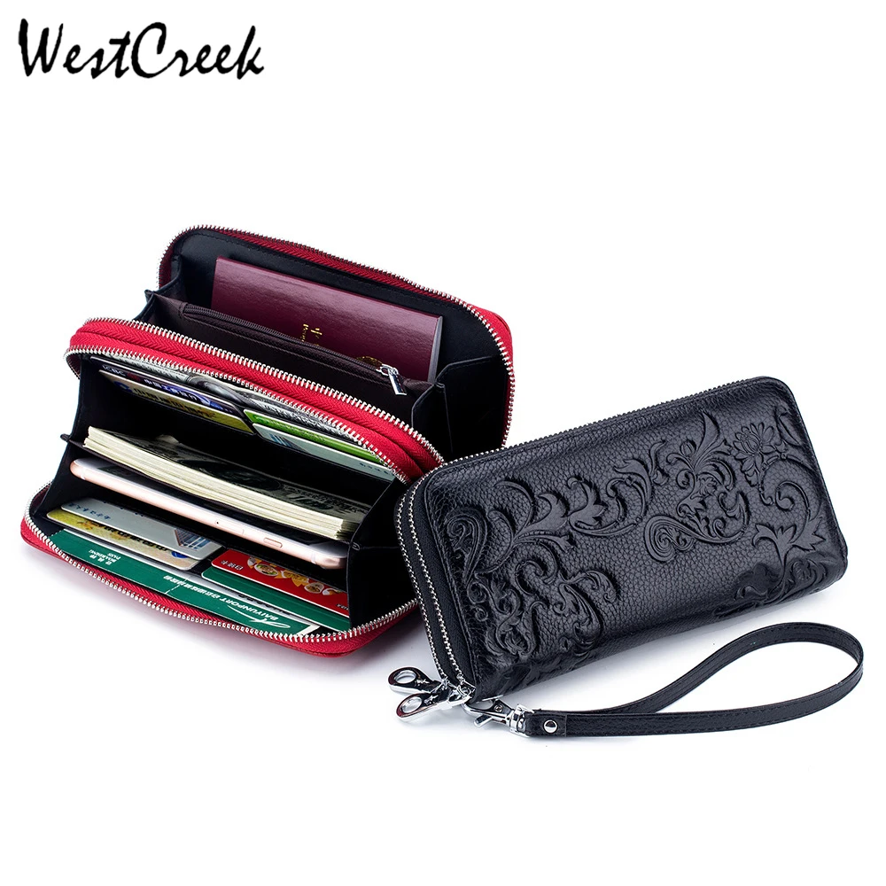WESTCREEK брендовый RFID натуральный кожаный женский длинный кошелек с рельефным