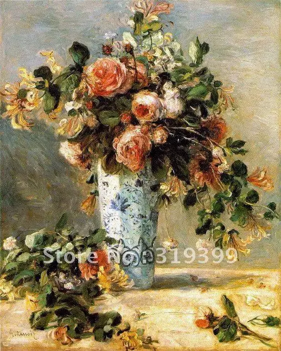

Бесплатная доставка, 100% ручная работа, картина маслом на льняном холсте, розы и Жасмин ina Delft ваза Пьера Ренуары