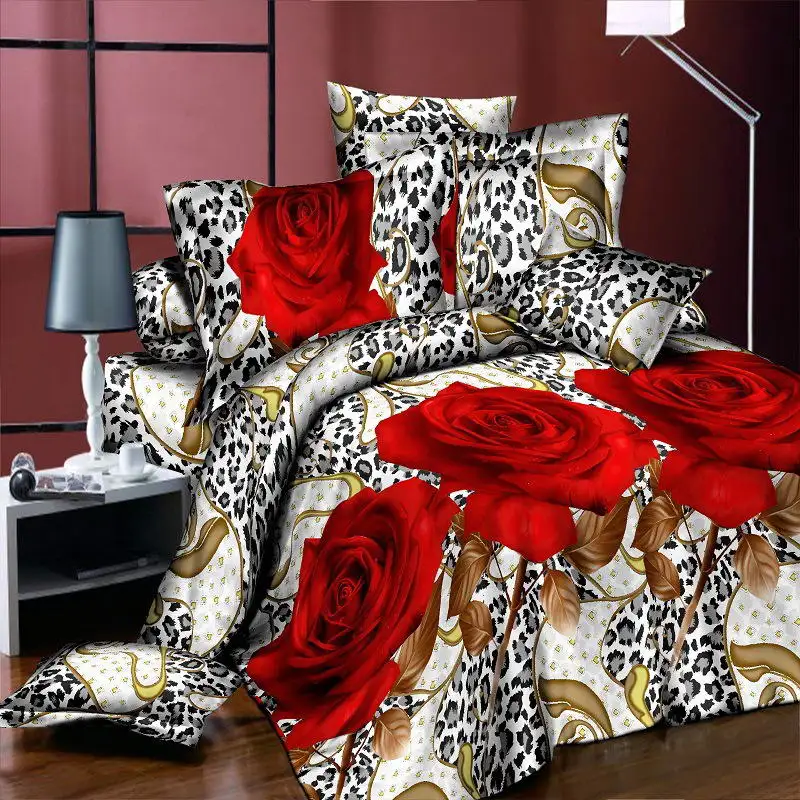 

New Style White Red Flower 3D Bedding Set of Duvet Cover Bed Sheet Pillowcase Bed Clothes Comforters Cover Queen No Quilt
