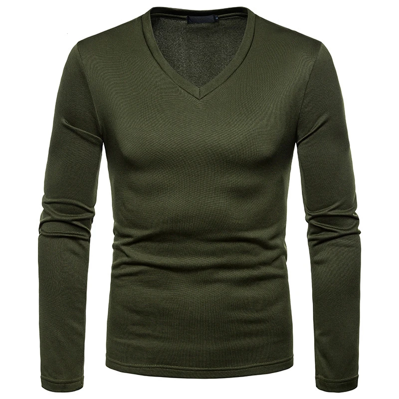 Классическая однотонная футболка с V образным вырезом Мужская зимняя бархатная