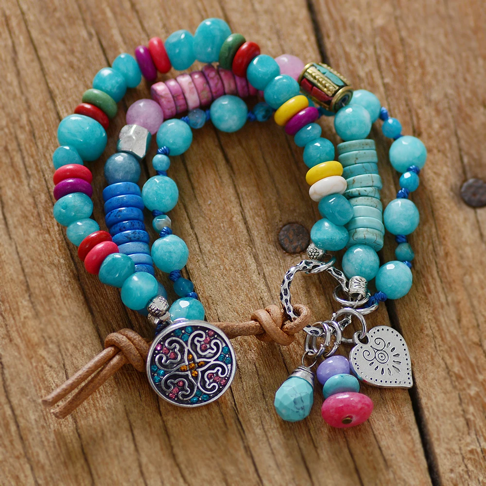 Уникальные 3 нити смешанные природные камни на кнопках браслеты ручной работы