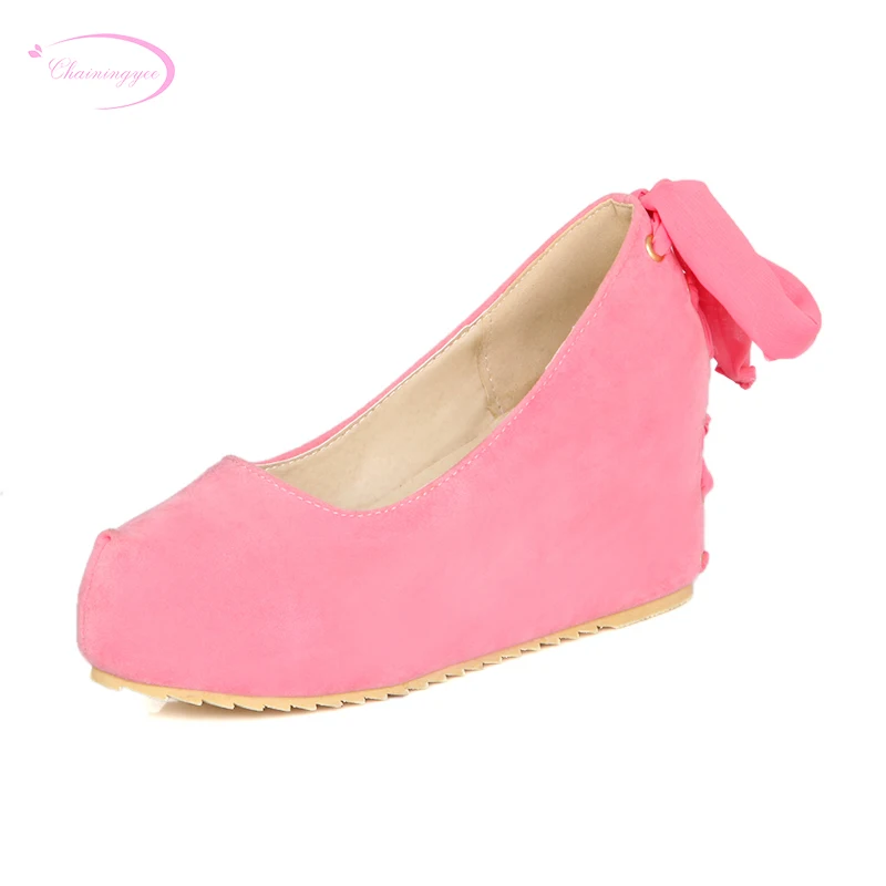 

Chainingyee sweet style comfortable round toe pumps fashion bowknot slip-on black beige pink high-heeled wedge women's shoes