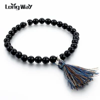 longway 6mm natural stone beaded bracelet elastic rope charm tassel bracelet trendy pulsera mujer woman men jewelry sbr160143