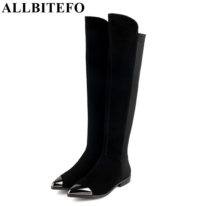 

ALLBITEFO Metal toe flat heel genuine leather +Elastic material over the knee women boots winter warm pointed toe long boots