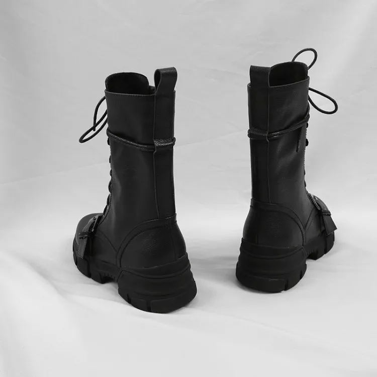 

MLJUESE 2019 women Mid calf boots cow leather square toe winter short plush riding boots strange heel women boots