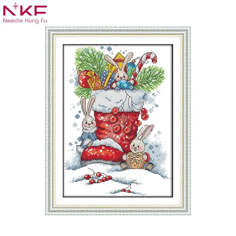 Новогодние ботинки с кроликом NKF комплект для вышивки крестиком 11 14CT DMC набивной