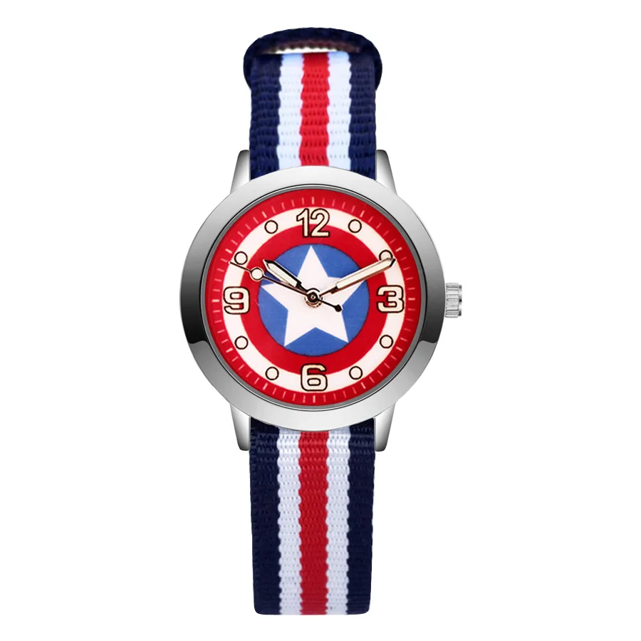 Blue white red Модные детские часы с милым рисунком Капитана Америки, кварцевые наручные часы с нейлоновым ремешком для мальчиков и девочек JA91 - Цвет: Blue white red