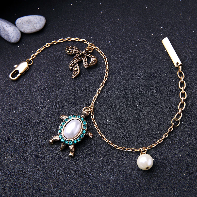 Cute Animal Design Turtle Charm Bracelet Jewelry aliexpress Imitation Pearl Crystal Bow Vintage Bracelet Female